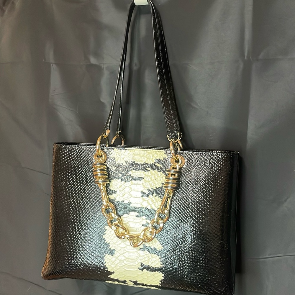 Henri Bendel A List Tote Black with Reptile finish EUC